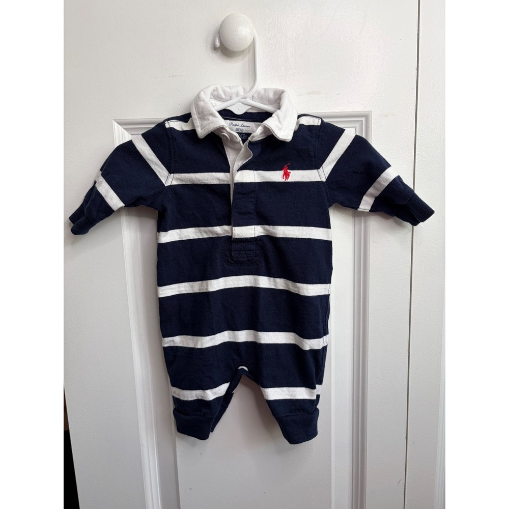 Ralph Lauren Newborn Navy Blue White Striped Rugby Romper Pony Long Sleeve NB
